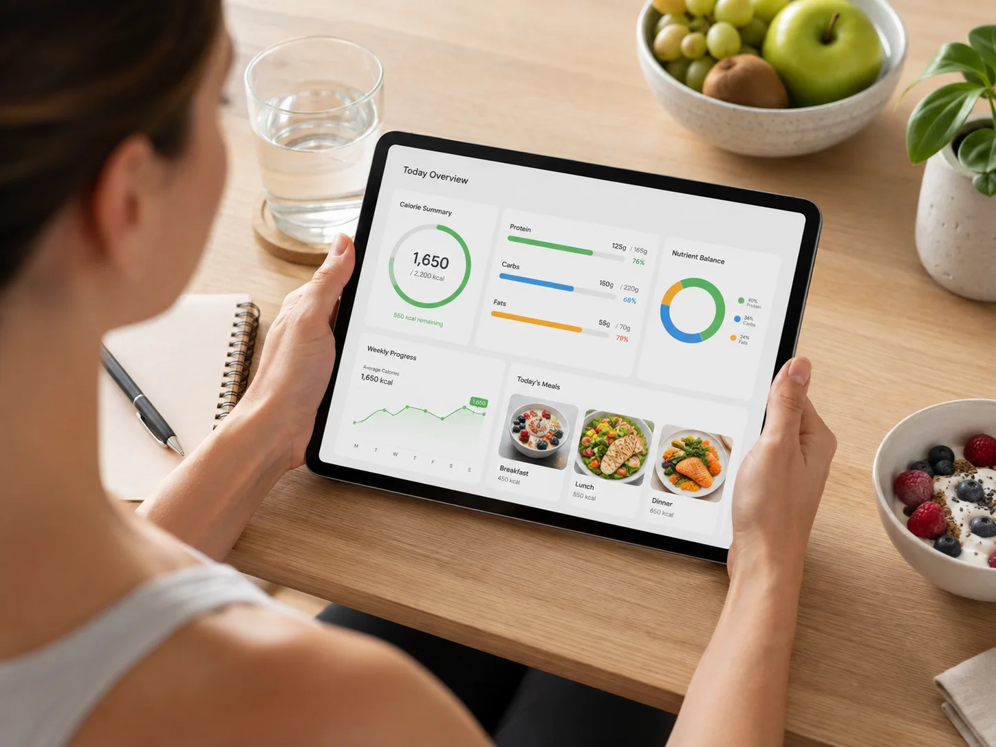 LLFitness nutrition coach consulting with a client using a tablet